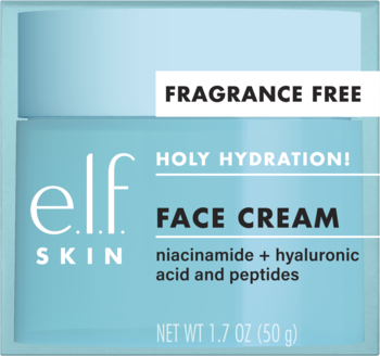Jasnoniebieski słoiczek e.l.f. Holy Hydration! Fragrance Free Face Cream z niacynamidem, kwasem hialuronowym i peptydami.