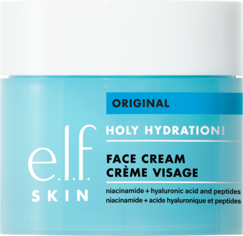 Krem nawilżający e.l.f. Holy Hydration! Face Cream Original w niebiesko-białym słoiku, przód, tekst o składnikach.