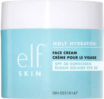 Nawilżający krem e.l.f. Holy Hydration! SPF 30 w błękitnym słoiczku z białym wieczkiem, widok z przodu.
