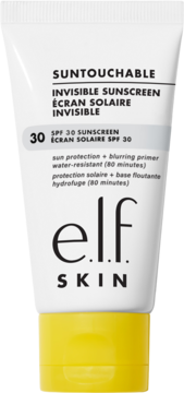 elF SKIN Suntouchable Invisible Sunscreen SPF 30, biała tuba z żółtą zakrętką, widok z przodu. Niewidoczny żel.