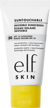 elF SKIN Suntouchable Invisible Sunscreen SPF 30, biała tuba z żółtą zakrętką, widok z przodu. Niewidoczny żel.