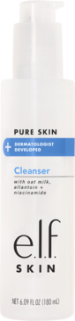 Biały elf PURE SKIN Cleanser, 180ml, z pompką. Z przodu 'Dermatologicznie Opracowany', mleko owsiane, niacynamid.
