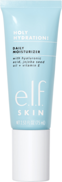 e.l.f. SKIN Holy Hydration! Daily Moisturizer w jasnoniebieskiej tubce z białą nakrętką, front, z napisem o hialuronie i witaminie E.