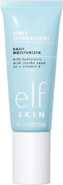 e.l.f. SKIN Holy Hydration! Daily Moisturizer w jasnoniebieskiej tubce z białą nakrętką, front, z napisem o hialuronie i witaminie E.