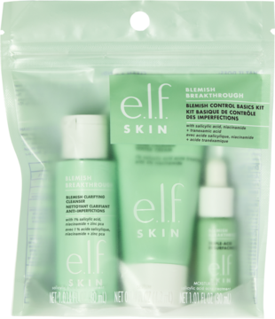 Zestaw elf SKIN Blemish Breakthrough: 3 miętowe produkty z kwasem salicylowym w podróżnej torbie z suwakiem.