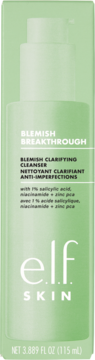 ELF SKIN Blemish Clarifying Cleanser, zielona butelka z pompką, 1% kwas salicylowy, niacynamid, widok z przodu.