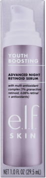 ELF SKIN Advanced Night Retinoid Serum 1% retinoid, fioletowa butelka z białą pompką, widok przodem.