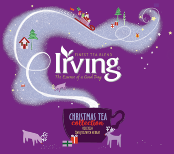 Fioletowa grafika Irving Christmas Tea Collection z Mikołajem, reniferami i kubkiem herbaty. Idealny podarunek.