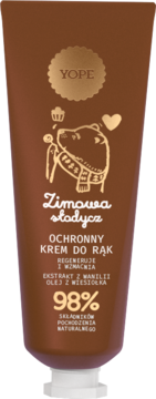 Brązowy krem do rąk Yope Zimowa Słodycz z wanilią, widok z przodu, złoty miś i logo, 98% natury.
