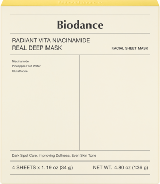 Biodance Radiant Vita Niacinamide Real Deep Mask. Beige package, front view, targets dark spots and dullness.