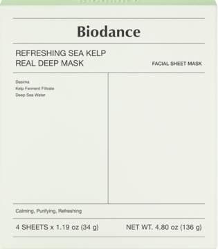 Biodance Refreshing Sea Kelp Real Deep Mask, hydrożelowa maska w płachcie, białe opakowanie, 4 sztuki, widok z przodu.