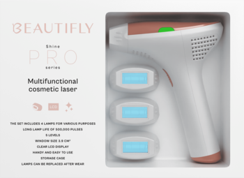 Wielofunkcyjny depilator IPL Beautifly B-Shine PRO z 3 lampami w białym pudełku, widok z góry.