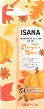 Isana Pumpkin Spice ochronny balsam do ust. Pomarańczowy kartonik z dynią, jesiennymi liśćmi i przyprawami.