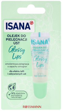 Isana Glossy Lips olejek do ust o zapachu winogron w zielono-białym kartoniku, z widoczną tubką. Widok z przodu.