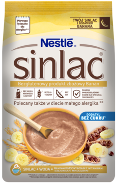 Nestle Sinlac Banan, bezglutenowa kaszka w żółtym opakowaniu, miska z posiłkiem i bananami, przód.