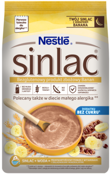 Nestle Sinlac Banan, bezglutenowa kaszka w żółtym opakowaniu, miska z posiłkiem i bananami, przód.