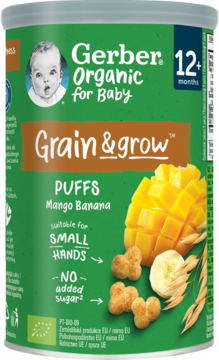 Gerber Organic Puffs Mango Banana, zielona puszka dla 12+, bez dodatku cukru, widok z przodu.