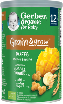 Gerber Organic Puffs Mango Banana, zielona puszka dla 12+, bez dodatku cukru, widok z przodu.