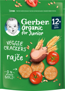Zielona paczka Gerber Organic Veggie Crackers Rajče, jeż, pomidory, krakersy, 0% soli, 12+ mies.