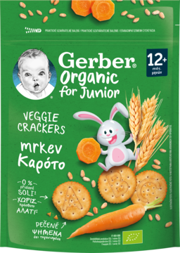 Zielone opakowanie Gerber Organic Veggie Crackers marchewkowe dla dzieci 12+, z królikiem, krakersami i marchwią.