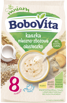 W torebce BoboVita kaszka mleczno-zbożowa ciasteczko, 8 miesięcy, bez cukru. Na przodzie miseczka z kaszką.