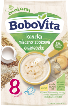 W torebce BoboVita kaszka mleczno-zbożowa ciasteczko, 8 miesięcy, bez cukru. Na przodzie miseczka z kaszką.