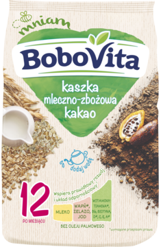 BoboVita kaszka mleczno-zbożowa kakao, sachet 12 m+, z grafiką zbóż, mleka i kakao, widok z przodu.