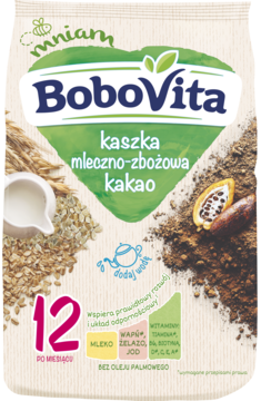 BoboVita kaszka mleczno-zbożowa kakao, sachet 12 m+, z grafiką zbóż, mleka i kakao, widok z przodu.