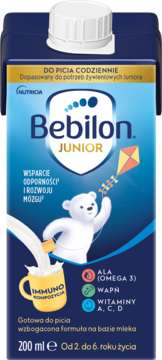 Granatowy karton Bebilon JUNIOR gotowego mleka dla dzieci 2-6 lat, wspierający odporność i rozwój mózgu, 200ml.