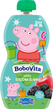 Saszetka BoboVita mus jabłko suszona śliwka z Peppa Pig, bez cukru, zielona nakrętka, dla dzieci od 6 miesiąca.