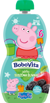 Saszetka BoboVita mus jabłko suszona śliwka z Peppa Pig, bez cukru, zielona nakrętka, dla dzieci od 6 miesiąca.