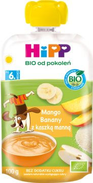 Front view HiPP BIO mus Mango Banany z kaszką manną 100g, biała saszetka z żółtym korkiem dla 6 m+.