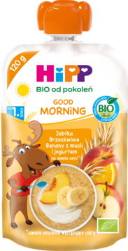 HiPP BIO Good Morning, 120g, ekologiczny mus owocowy z jogurtem i zbożami, jabłka, brzoskwinie, banany.