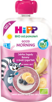 HiPP BIO Good Morning mus owocowy Jabłka, Jagody, Banany z musli i jogurtem, biała saszetka z różową nakrętką, widok z przodu.