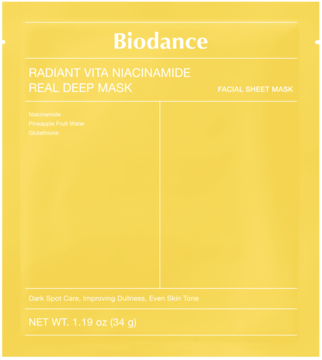 Biodance Radiant Vita Niacinamide Real Deep Mask, żółta maska w płachcie z niacynamidem, widok z przodu.