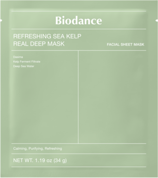 Biodance Refreshing Sea Kelp Real Deep Mask, zielona saszetka z maską w płachcie, widok z przodu.