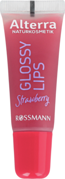 Alterra Glossy Lips Strawberry, różowy błyszczyk do ust w przezroczystej tubce z czerwoną nakrętką, widok z przodu.