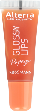 Alterra Naturkosmetik Glossy Lips Papaya, pomarańczowy błyszczyk w tubce, widok z przodu, logo Rossmann.