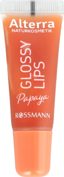 Alterra Naturkosmetik Glossy Lips Papaya, pomarańczowy błyszczyk w tubce, widok z przodu, logo Rossmann.