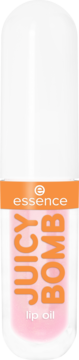 Essence Juicy Bomb lip oil, biała tubka z pomarańczową etykietą, brzoskwiniowy, widok z przodu.