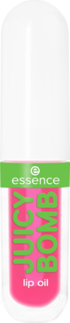 Biały olejek do ust Essence Juicy Bomb w tubce, różowa etykieta z zielonym napisem, widok z przodu.