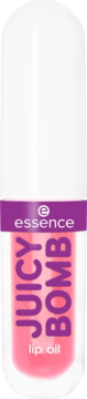 Olejek do ust Essence Juicy Bomb, biała tubka z różowo-fioletową etykietą i logo Essence, widok z przodu.