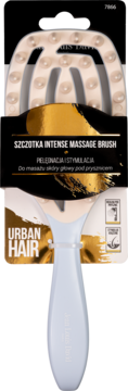 Biała szczotka do masażu skóry głowy Urban Hair Intense Massage Brush w czarno-złotym opakowaniu, widok z przodu.