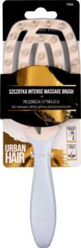 Biała szczotka do masażu skóry głowy Urban Hair Intense Massage Brush w czarno-złotym opakowaniu, widok z przodu.