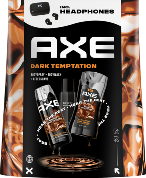 Zestaw AXE Dark Temptation: dezodorant, żel i balsam, w brązowym opakowaniu z czekoladowym wzorem, ze słuchawkami.