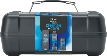 Zestaw prezentowy Dove Men+Care Cleanse + Care w ciemnoszarym plastikowym pojemniku, z żelem, szamponem i dezodorantem.
