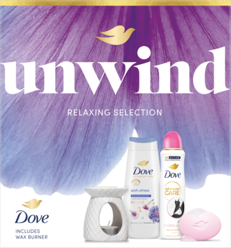 Relaksujący zestaw Dove Unwind: żel, dezodorant, mydło i biały kominek zapachowy na fioletowym, kwiecistym tle.