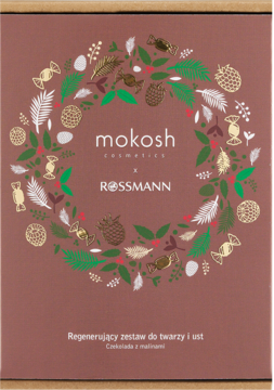 Brązowy zestaw Mokosh x Rossmann, regenerujący do twarzy i ust Czekolada z malinami, z ozdobnym wieńcem.