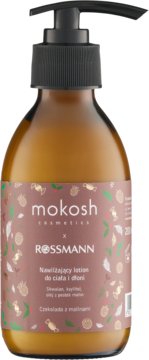 Mokosh x Rossmann nawilżający lotion do ciała i dłoni, czekolada z malinami, brązowa butelka z pompką, widok z przodu.