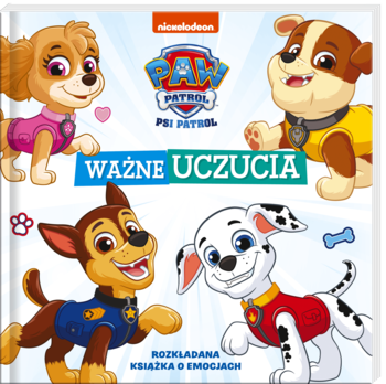 Książka edukacyjna "Psi Patrol: Ważne Uczucia", okładka z czterema szczeniakami i niebieskim tytułem.